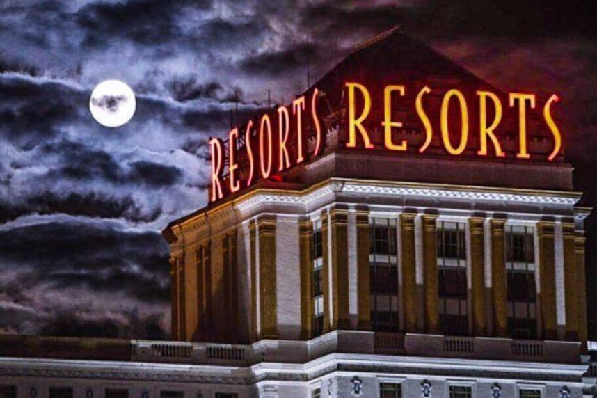 Neon-lit casino exterior at night